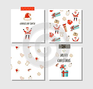 Hand drawn vector abstract fun Merry Christmas time cartoon cards collection set with cute illustrations,surprise gift