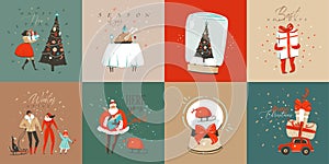 Hand drawn vector abstract fun Merry Christmas time cartoon cards collection set with cute illustrations,surprise gift