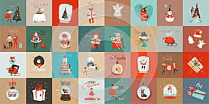 Hand drawn vector abstract fun Merry Christmas time cartoon cards collection set with cute illustrations,surprise gift