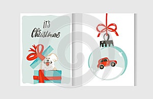 Hand drawn vector abstract fun Merry Christmas time cartoon cards collection set with cute illustrations,surprise gift