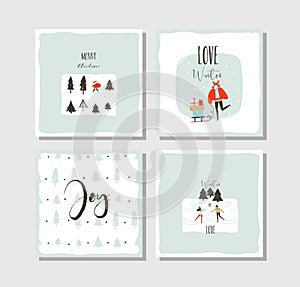 Hand drawn vector abstract fun Merry Christmas time cartoon cards collection set with cute illustrations,surprise gift