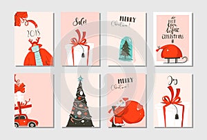 Hand drawn vector abstract fun Merry Christmas time cartoon cards collection set with cute illustrations,surprise gift