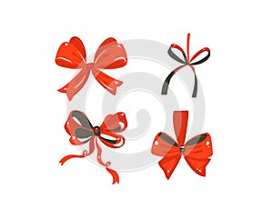 Hand drawn vector abstract fun Merry Christmas time cartoon cute illustrations collection set of red silk bows isolated