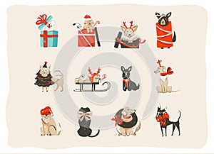 Hand drawn vector abstract fun Merry Christmas time cartoon icons illustrations collection set with mammal happy dogs in