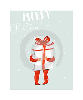 Hand drawn vector abstract fun Merry Christmas time cartoon illustration with baby kid who holding big surprise gift box