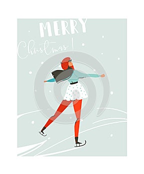 Hand drawn vector abstract fun Merry Christmas time cartoon illustration card with young girl skating on ice isolated on