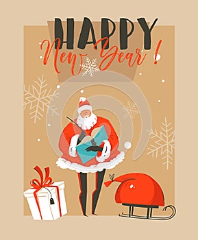 Hand drawn vector abstract fun Merry Christmas time cartoon illustration greeting card with Santa Claus,sleigh,surprise