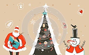 Hand drawn vector abstract fun Merry Christmas time cartoon illustration greeting card with Santa Claus,xmas tree