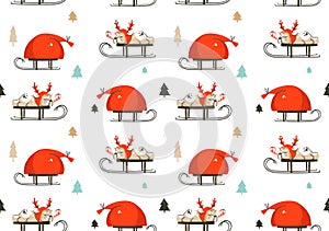 Hand drawn vector abstract fun Merry Christmas time cartoon illustration seamless pattern with french bulldog in deer