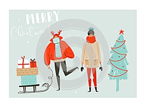 Hand drawn vector abstract fun Merry Christmas time cartoon illustration set with group of people in winter clothing
