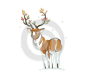 Hand drawn vector abstract fun Merry Christmas time cartoon illustration with young reindeer and branch antlers with