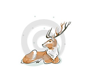 Hand drawn vector abstract fun Merry Christmas time cartoon illustration with young Santa Claus reindeer Rudolph