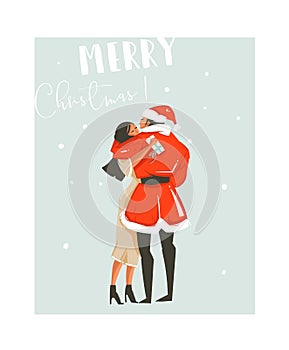 Hand drawn vector abstract fun Merry Christmas time cartoon illustrations card design template with kissing sweet couple