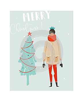 Hand drawn vector abstract fun Merry Christmas time illustration card with girl in winter clothing and Christmas tree