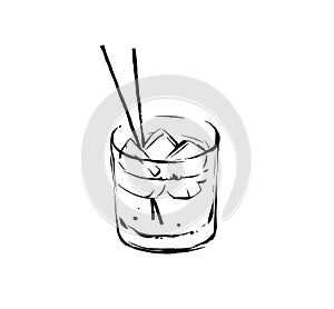 Hand drawn vector abstract graphic artistic cooking ink sketch illustration drawing of alcohol cocktail drink in glass