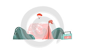 Hand drawn vector abstract graphic cartoon summer time flat illustrations border with camping tent and record player on