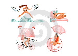 Hand drawn vector abstract graphic cartoon summer time flat illustrations collection set with beauty sport girls