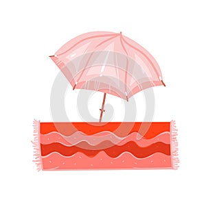 Hand drawn vector abstract graphic cartoon summer time flat illustrations with pink pastel colored beach umbrella and