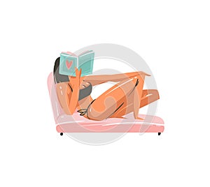 Hand drawn vector abstract graphic cartoon summer time flat illustrations print with relaxing reading girl with book