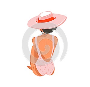 Hand drawn vector abstract graphic cartoon summer time flat illustrations with relaxing girl in pink hat isolated on