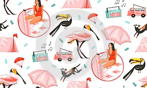 Hand drawn vector abstract graphic cartoon summer time flat illustrations seamless pattern with camping tent,dog,toucan