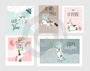 Hand drawn vector abstract graphic creative cartoon illustrations cards collection set template with astronaut unicorns