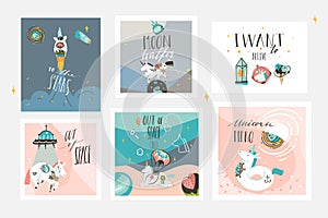 Hand drawn vector abstract graphic creative cartoon illustrations cards collection set template with astronaut unicorns