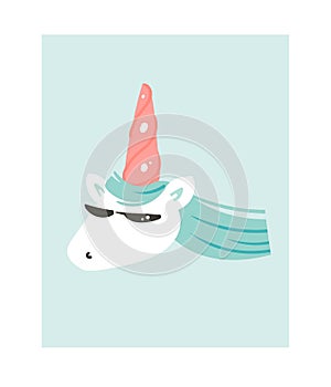 Hand drawn vector abstract graphic creative cartoon illustrations icon with simple cool unicorn with sunglasses isolated