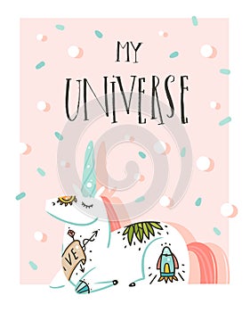 Hand drawn vector abstract graphic creative cartoon illustrations poster card template with astronaut unicorn with old