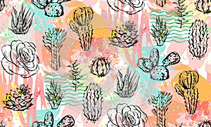 Hand drawn vector abstract graphic creative succulent,cactus and plants seamless pattern on colorful artistic brush