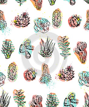 Hand drawn vector abstract graphic creative succulent,cactus and plants seamless pattern isolated on white background