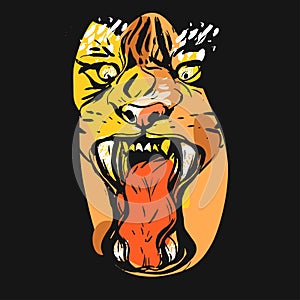 Hand drawn vector abstract graphic drawing of anger tiger face in orange colors on black background.Hand made