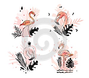 Hand drawn vector abstract graphic freehand textured sketch pink flamingo and tropical palm leaves drawing illustration
