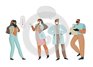 Hand drawn vector abstract graphic illustration with doctors who talk on the phone with an infected gir,who has a high