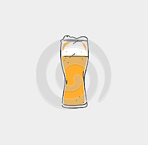 Hand drawn vector abstract graphic line illustration with glass beer mug with froth isolated .Vector outline beer