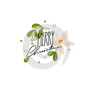 Hand drawn vector abstract graphic Merry Christmas and Happy new year clipart illustrations greeting card with flowers