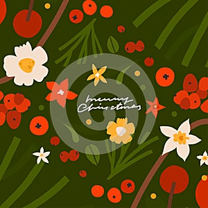 Hand drawn vector abstract graphic Merry Christmas and Happy new year clipart illustrations greeting card with flowers