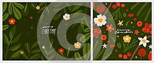 Hand drawn vector abstract graphic Merry Christmas and Happy new year clipart illustrations greeting card with flowers