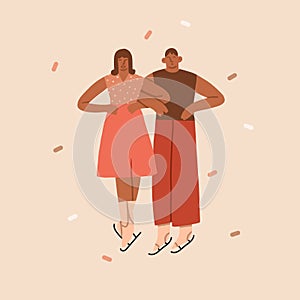 Hand drawn vector abstract graphic Merry Christmas and Happy new year illustration figure ice skating people.Christmas