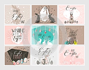 Hand drawn vector abstract graphic scandinavian collage Happy Easter cute illustrations greeting cards template