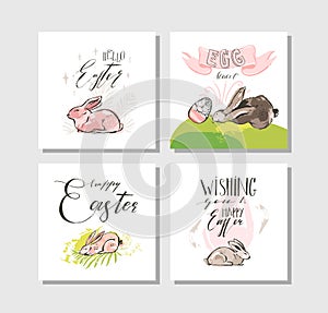 Hand drawn vector abstract graphic scandinavian collage Happy Easter cute illustrations greeting cards template