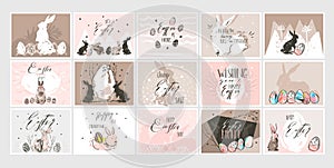 Hand drawn vector abstract graphic scandinavian collage Happy Easter cute illustrations greeting cards template