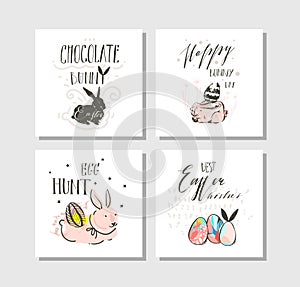 Hand drawn vector abstract graphic scandinavian collage Happy Easter cute illustrations greeting cards template