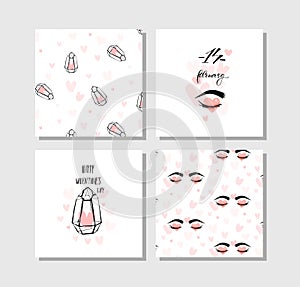 Hand drawn vector abstract greeting happy Valentines day illustrations card template with hearts,terrariums,women eyes
