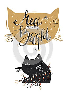 Hand drawn vector abstract Merry Christmas greeting card template with cute black cat character in garland and modern