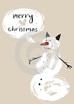 Hand drawn vector abstract Merry Christmas greeting card template with cute white snowman character and modern