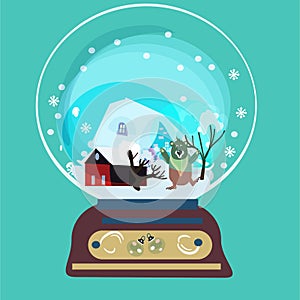 Hand drawn vector abstract Merry Christmas and Happy New Year time big cartoon snow globe sphere illustration.bear