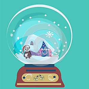 Hand drawn vector abstract Merry Christmas and Happy New Year time big cartoon snow globe sphere illustration.panda
