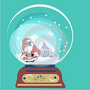 Hand drawn vector abstract Merry Christmas and Happy New Year time big cartoon snow globe sphere illustration.santa
