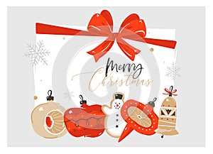 Hand drawn vector abstract Merry Christmas and Happy New Year time cartoon illustration greeting card with retro vintage